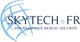 Logo de Skytech FR avec texte "Informatique Réseau Sécurité" et globe stylisé.