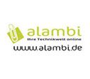 Logo von alambi mit Büroklammer und Slogan „Ihre Technikwelt online“ sowie Website www.alambi.de.