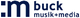 Logo mit blauem Text: ":m buck musik+media".