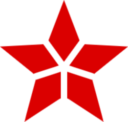 Roter, fünfeckiger Stern mit geometrischen Einschnitten, die nach innen zeigen.