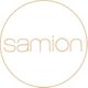 Weißer Hintergrund mit einem goldenen Kreis und dem Schriftzug "samion" in der Mitte.