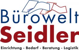 Bürowelt Seidler Logo mit Text: Einrichtung, Bedarf, Beratung, Logistik. Papiere oben dargestellt.