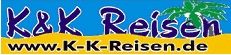 K&K Reisen Logo mit Website-URL und Palmen, blaue und gelbe Farben.