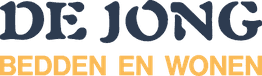 Logo van "De Jong Bedden en Wonen" in donkerblauw en goudkleurige tekst.