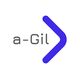 Logo mit blauem Pfeil nach rechts und dem Text "a-Gil" in Grau.