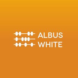 Logo mit Abakus-Symbolen und Text "Albus White" auf orangefarbenem Hintergrund.