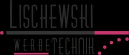 Schwarzes Logo mit rosa Akzenten, Schriftzug: "Lischewski Werbetechnik".