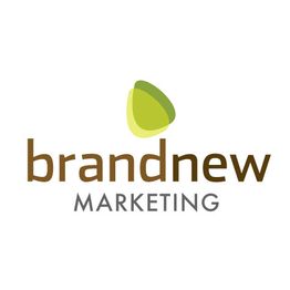Logo with green abstract shape above text: "brandnew MARKETING."