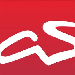 Rotes Logo mit weißen verschnörkelten Linien, die Buchstaben bilden könnten.