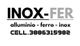 Logo INOX-FER. Testo: alluminio, ferro, inox. Contatto: CELL.3886315982.