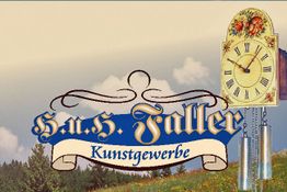 Logo mit Schriftzug "H.u.G. Faller Kunstgewerbe" und einer Uhr, vor einem Hügel und Wald.