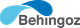 Logo con texto "Behingoz" y diseño de formas curvas en tonos azul claro y oscuro.