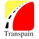 Logotipo de Transpain con fondo amarillo y rojo, y una carretera negra curvada.