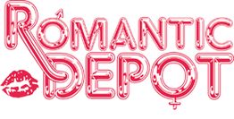 Romantic Depot logo in pink with a kiss symbol and gender symbol.