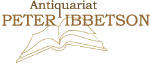 Logo des "Antiquariat Peter Ibbetson" mit gezeichneter Buchumriss, braune Schrift auf weiß.