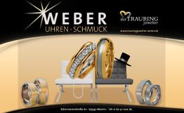 "Werbung für Weber Uhren und Schmuck mit Eheringen auf Bänken und Website-Informationen."