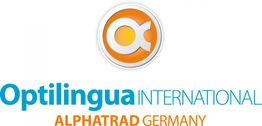 Logo mit "Optilingua International" und "Alphatrad Germany", ein orangefarbenes Symbol darüber.
