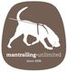 Hund im Profil mit Leine, Logo von "mantrailing unlimited, since 2008" auf braunem Hintergrund.