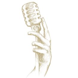 Hand hält ein Vintage-Mikrofon, skizziert in hellem Braun.