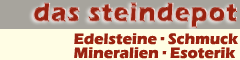 Logo mit Text: "das steindepot – Edelsteine, Schmuck, Mineralien, Esoterik" in Rot auf Grau.