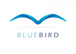 Logo mit blauem Vogelmotiv und dem Schriftzug "BLUEBIRD".