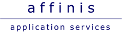 Logo mit dem Text "affinis application services" in dunkelblauer Schrift auf weißem Hintergrund.