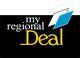 Logo mit Text "my regional Deal", zwei Rauten darüber, eine blau. Hintergrund ist schwarz und weiß.