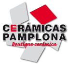 Logo de "Cerámicas Pamplona" con fondo negro y texto "Boutique cerámica".