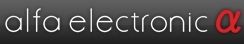 Schriftzug "alfa electronic" in Weiß auf grauem Hintergrund mit rotem Alfa-Symbol.