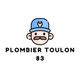 Illustration de plombier avec casquette, texte "Plombier Toulon 83".