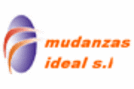 Logotipo con texto "mudanzas ideal s.l." en naranja y diseño ovalado en tonos morados y naranjas.