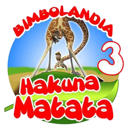 Testo "Bimbolandia Hakuna Matata 3" con giraffa e zebre in un paesaggio verde e blu.