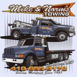Illustration of two towing trucks with "Mike & Norm's Towing" logo and contact details.
