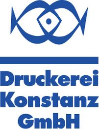 Blaues Logo mit stilisiertem Fisch und Text: Druckerei Konstanz GmbH.
