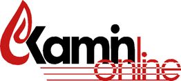 Logo mit stilisierter Flamme und Text "kamin online" in Schwarz und Rot.