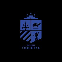 Escudo azul de Colegio Oquetza con símbolos de flor, casa, líneas y perfil humano.