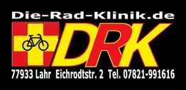 Die-Rad-Klinik Logo mit Fahrrad, rotem Kreuz und Kontaktinfos.