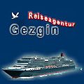 Logo der Reiseagentur Gezgin mit einem Kreuzfahrtschiff und einer weißen Taube auf blauem Hintergrund.