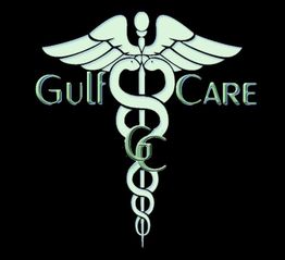 Gulf Care-Logo mit Äskulapstab und Flügeln auf schwarzem Hintergrund.