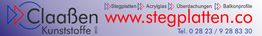 Banner mit Claaßen Kunststoffe-Logo, Stegplatten, URL stegplatten.co und Telefonnummer in Blau.