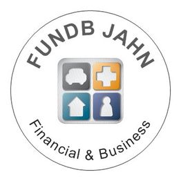 Kreisemblem mit Symbolen für Auto, Kreuz, Haus, Figur und Text "Fundb Jahn, Financial & Business".