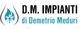 Logo "D.M. Impianti di Demetrio Meduri" con goccia d'acqua e fiocco di neve al centro.