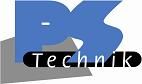 Blaues PS Technik-Logo mit schwarzem Schriftzug und grauem Schatten.