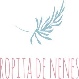 Logotipo con una rama azul sobre texto rosa que dice "ROPITA DE NENES".