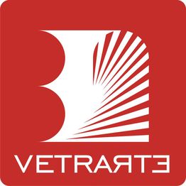 Logo Vetrarte su sfondo rosso, con un design geometrico bianco a destra. Scritta "VETRARTE".