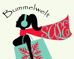 Silhouette einer Frau mit Einkaufstasche, rotem Schal, Aufschrift "Bummelwelt Sale" oben.