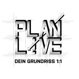Textgrafik: "PLAN LIVE", darunter "DEIN GRUNDRISS 1:1", mit technischen Zeichnungselementen.