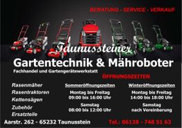 Gartengeräte auf schwarzem Hintergrund mit Öffnungszeiten und Kontaktdaten von "Gartentechnik & Mähroboter".