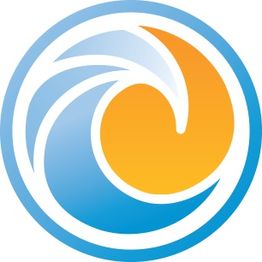 Blue and orange abstract swirl in a circular logo design.