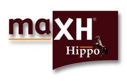 Logo "maXH Hippo" mit springendem Pferd auf dunkelrotem Hintergrund.